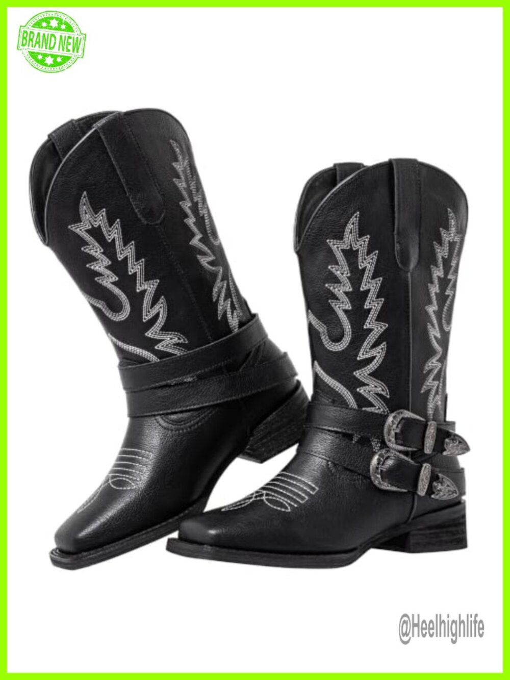 Western Wide Calf Cowboy Boots Square Toe Buckle Stretch Pull On